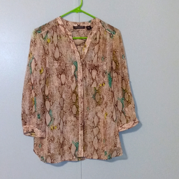 Covington Essentials Sheer Blouse Size Medium Print Tan Brown Green Teal - Picture 1 of 12